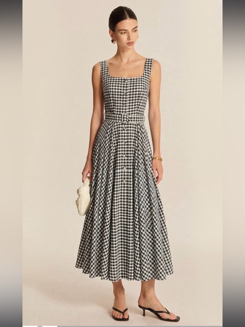 Commense Black and White Gingham Cotton Belted Midi Dress